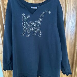 Cat Lover QUACKER FACTORY Sweatshirt Rhinestone Classic Black Top 3X